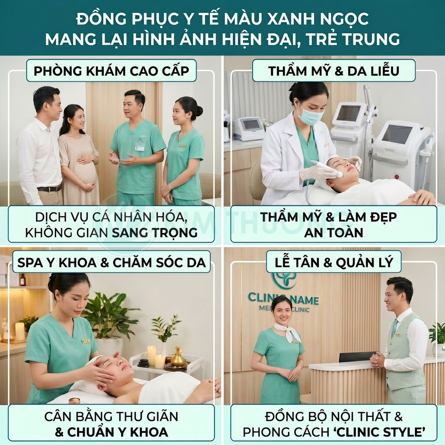 Đồng phục y tế màu xanh ngọc cho bác sĩ, y tá và lễ tân trong phòng khám, spa và thẩm mỹ viện hiện đại