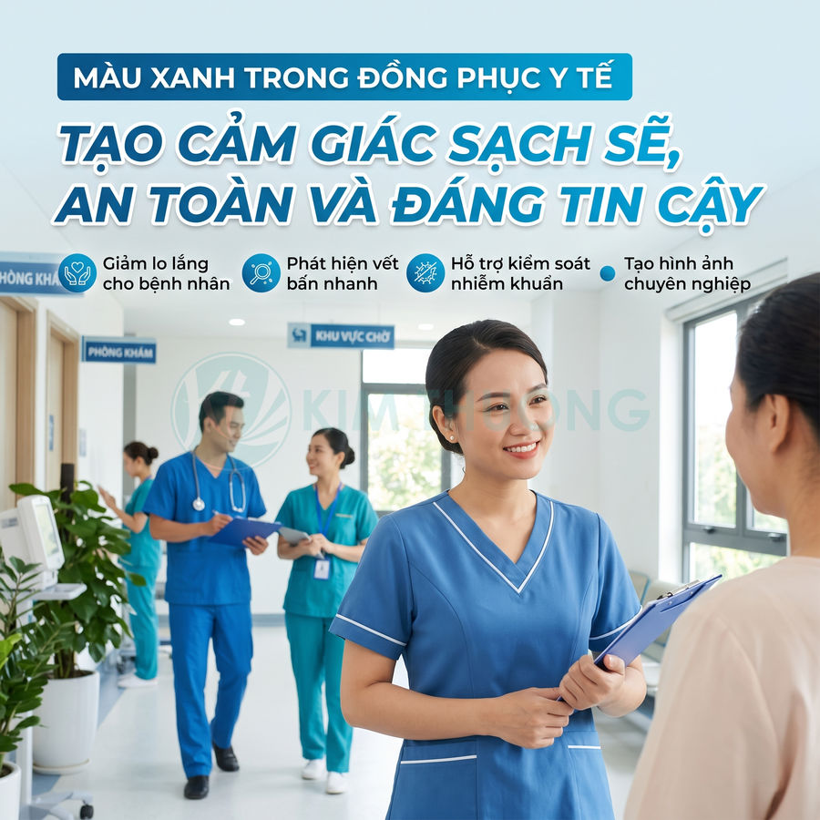 Nhân viên y tế mặc đồng phục màu xanh tư vấn cho bệnh nhân trong hành lang bệnh viện sạch sẽ