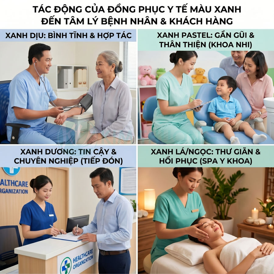 Các mẫu đồng phục y tế màu xanh cho bác sĩ, y tá và nhân viên spa chăm sóc bệnh nhân và khách hàng