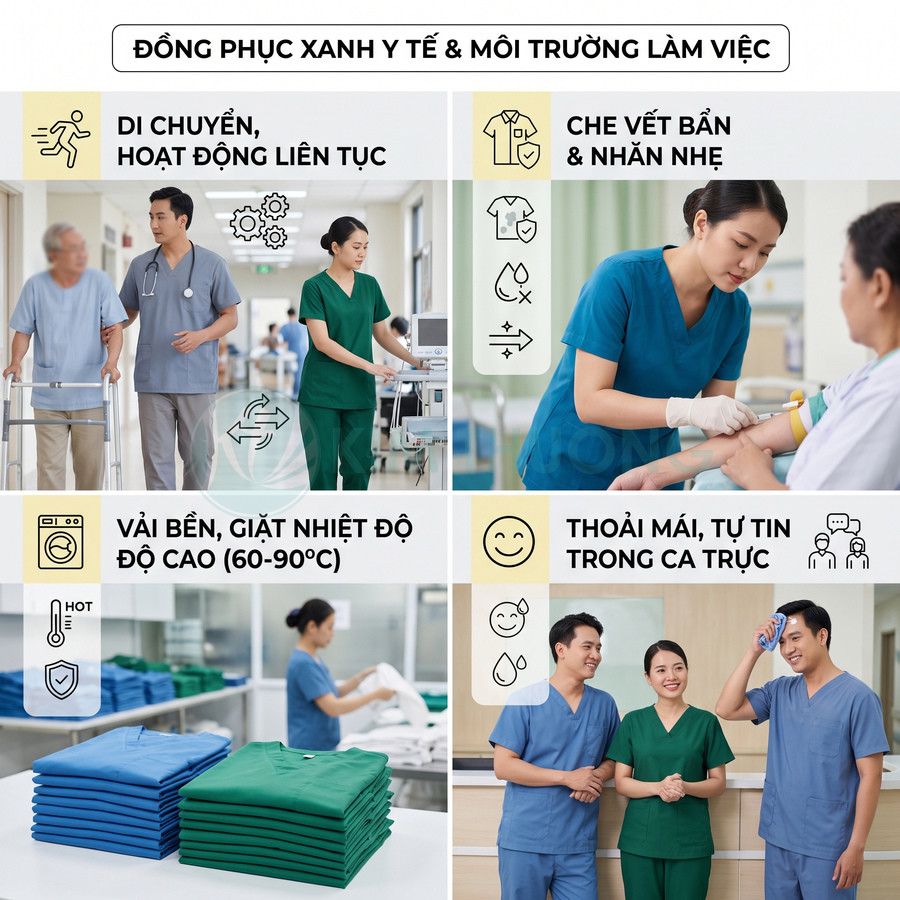 Đồng phục y tế màu xanh cho bác sĩ, y tá, chất liệu bền, thoáng mát, che vết bẩn và thoải mái khi làm việc