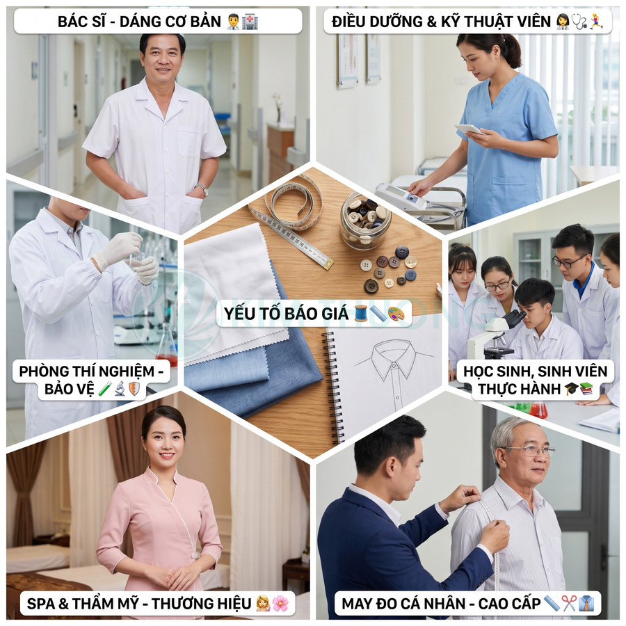 Vải, thước dây, cúc áo và bản phác thảo đồng phục may đo cho nhiều ngành nghề.