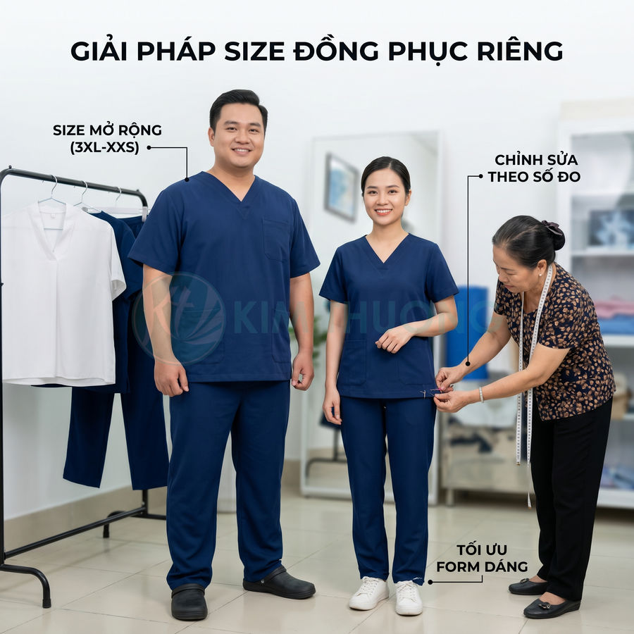 Nhân viên mặc đồng phục y tế màu xanh navy được đo chỉnh sửa size theo số đo riêng