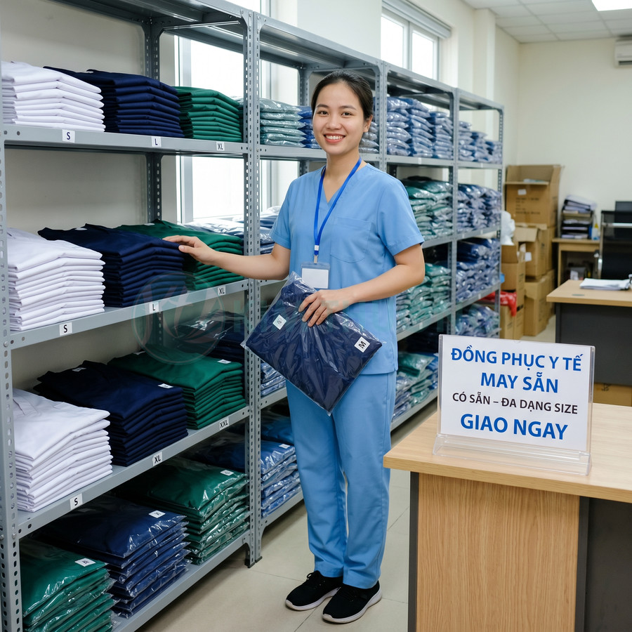 Nhân viên mặc đồ scrubs đứng trong kho trưng bày đồng phục y tế may sẵn nhiều màu và kích cỡ