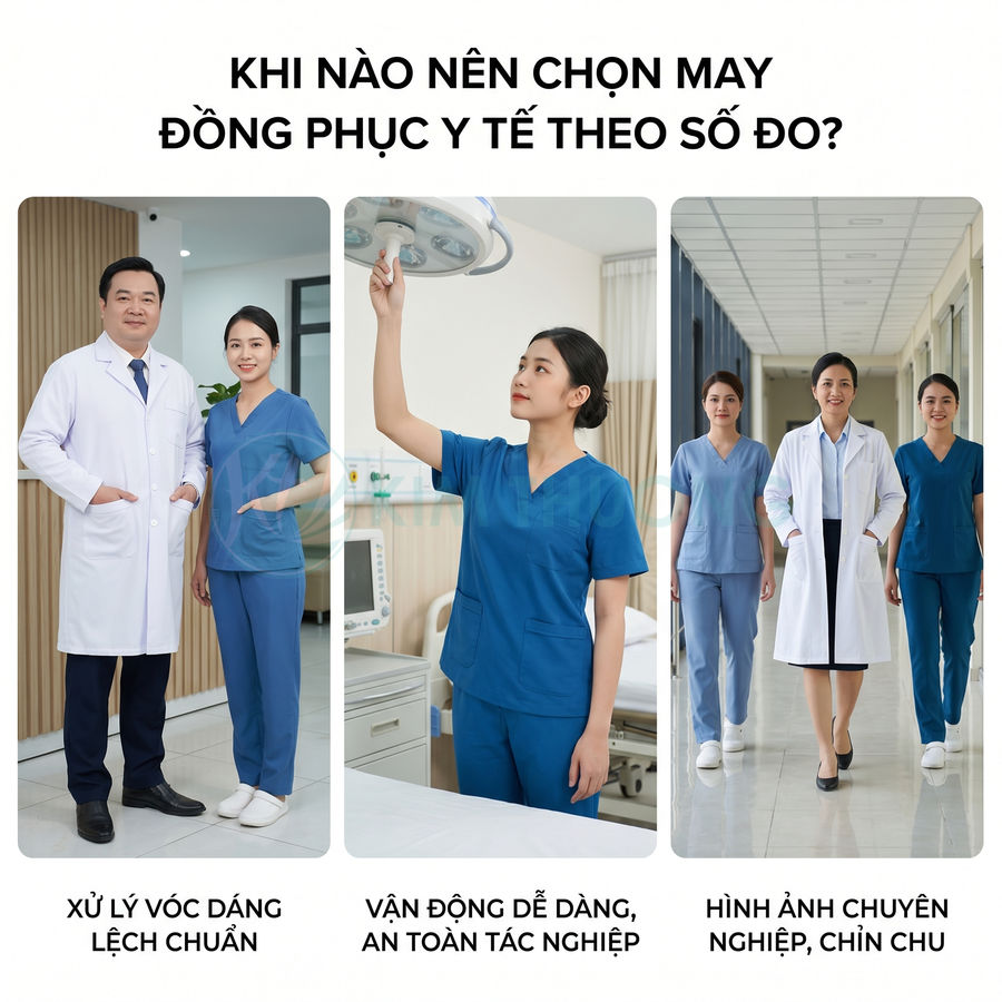 Đồng phục y tế may theo số đo cho bác sĩ và y tá, thiết kế vừa vặn, chuyên nghiệp, dễ vận động trong bệnh viện