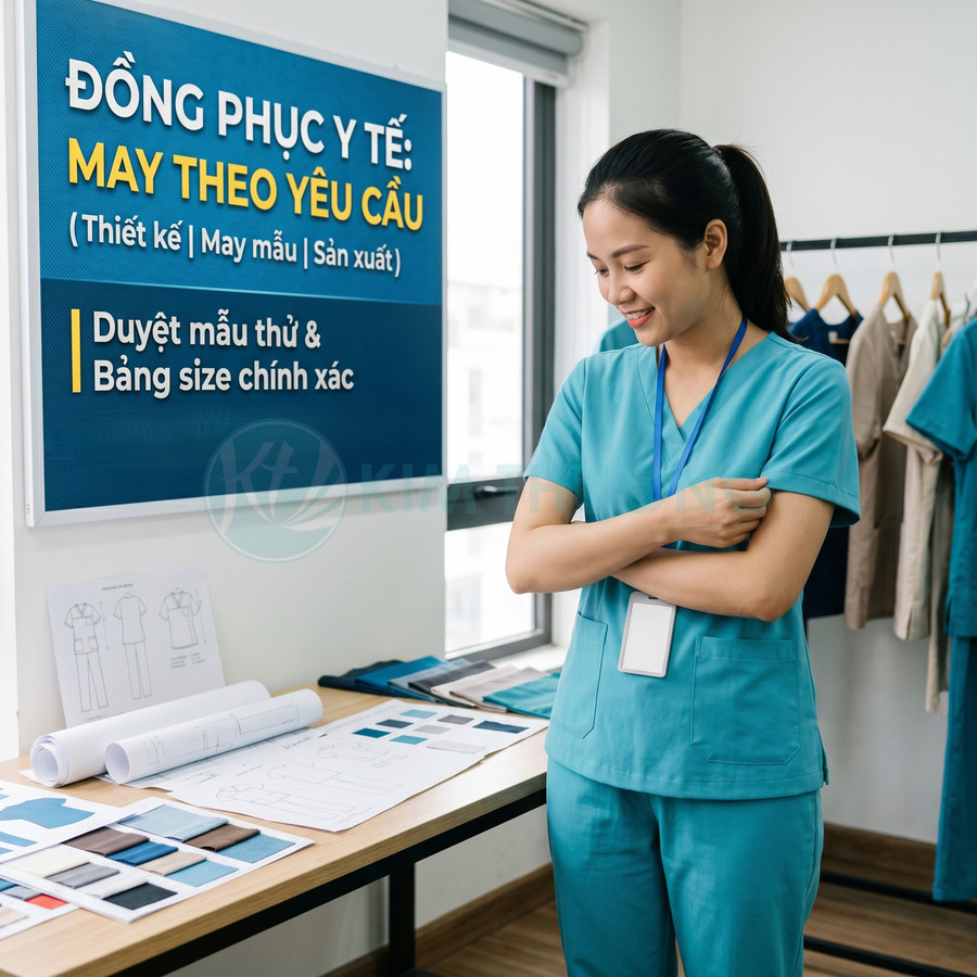 Nhân viên nữ mặc đồng phục y tế màu xanh đứng cạnh bàn thiết kế và bảng vải mẫu trong xưởng may