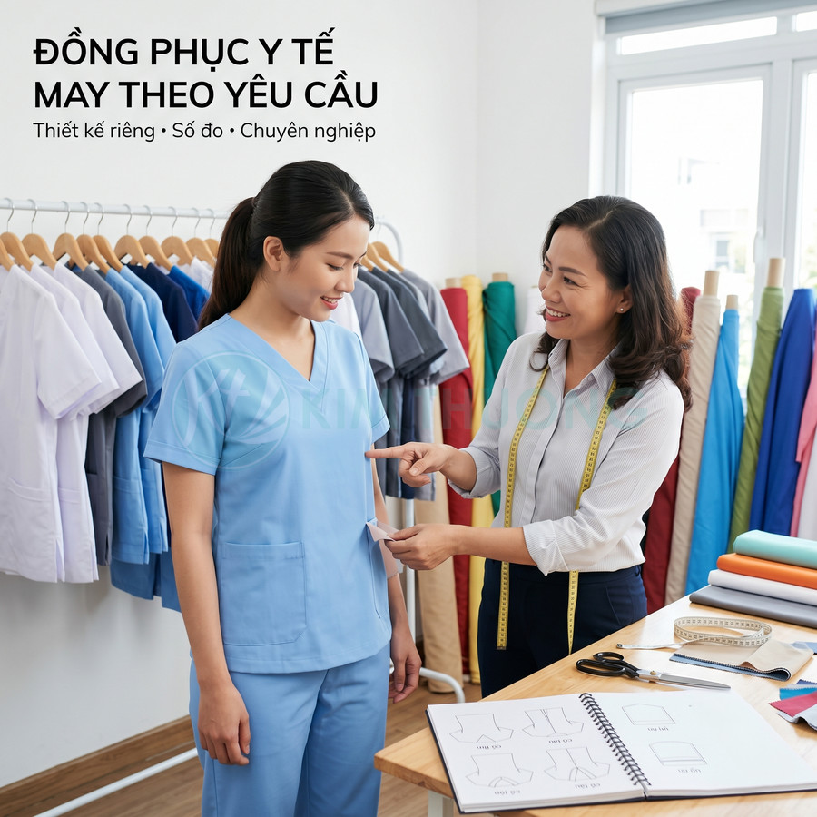 Thợ may đo và tư vấn bộ đồng phục y tế màu xanh cho nữ nhân viên trong xưởng may chuyên nghiệp