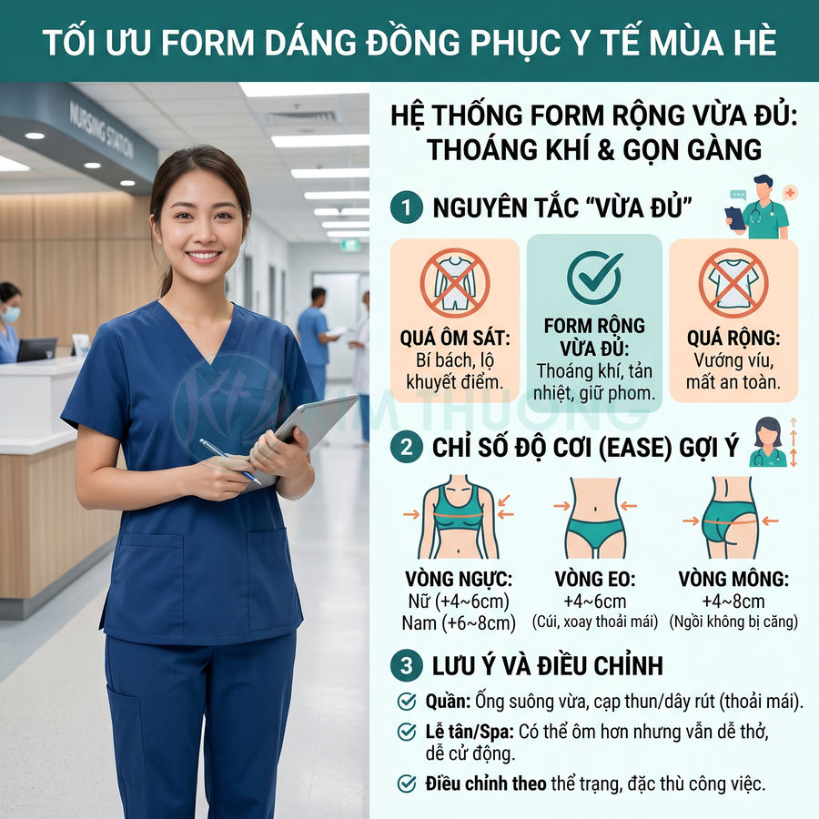 Nữ y tá mặc đồng phục y tế mùa hè màu xanh navy cầm tablet đứng trong hành lang bệnh viện