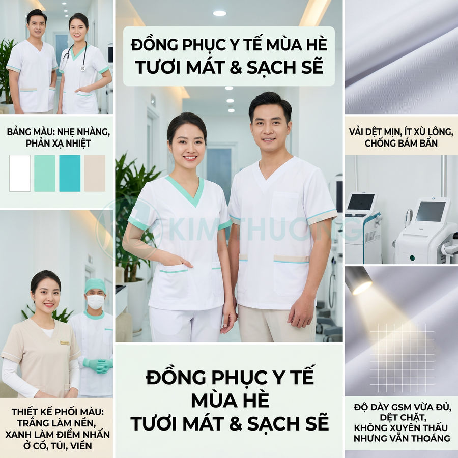 Đồng phục y tế mùa hè màu trắng phối xanh và be, chất vải mịn thoáng mát cho bác sĩ và y tá