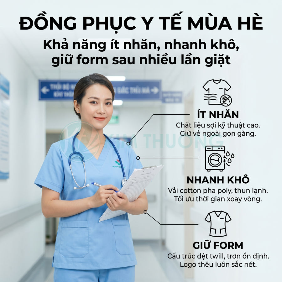 Đồng phục y tế mùa hè màu xanh cho nữ điều dưỡng, chất liệu ít nhăn, nhanh khô, giữ form tốt trong bệnh viện