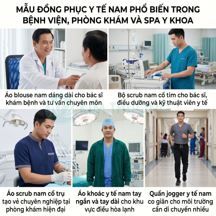 Các mẫu đồng phục y tế nam hiện đại gồm áo blouse, scrub, áo khoác và quần jogger trong bệnh viện