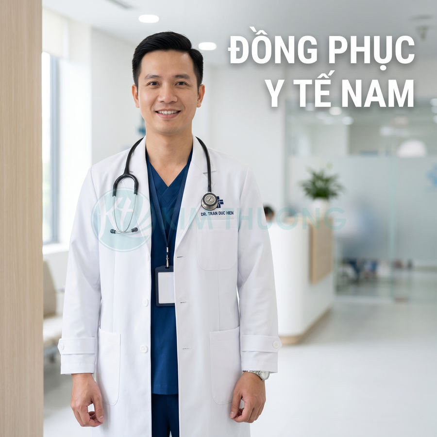 Đồng phục y tế nam với áo blouse trắng và đồ scrubs xanh navy trong bệnh viện hiện đại