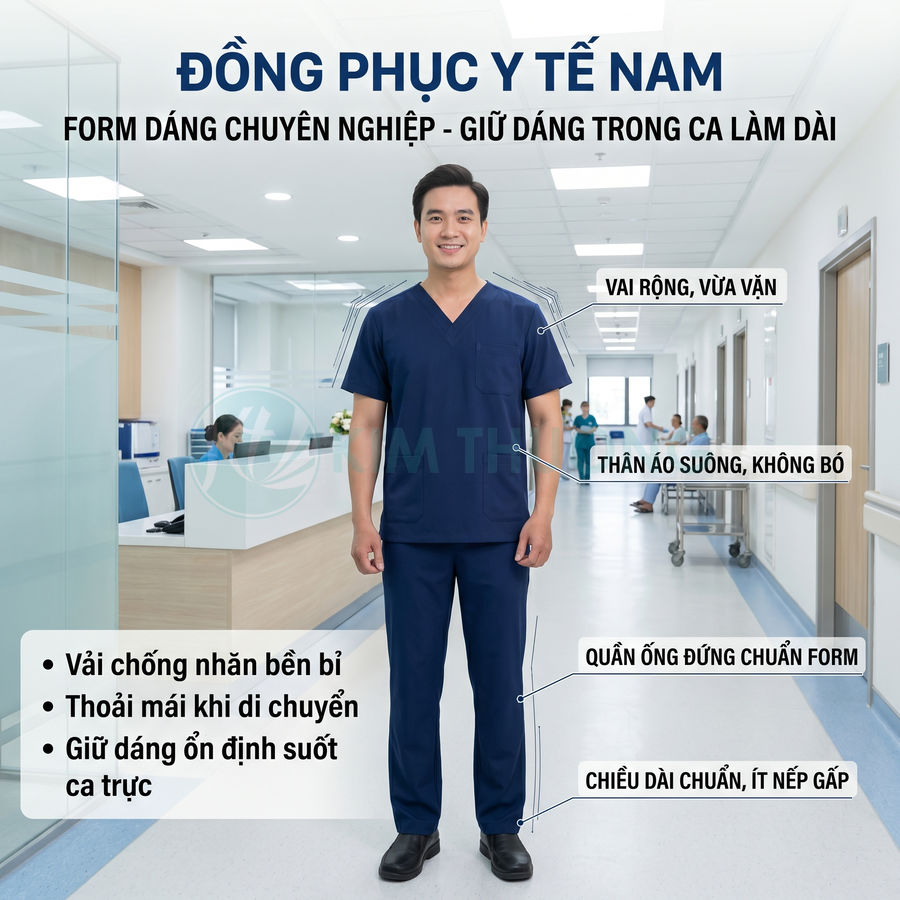 Đồng phục y tế nam màu xanh đậm form suông chuyên nghiệp cho bác sĩ điều dưỡng trong bệnh viện