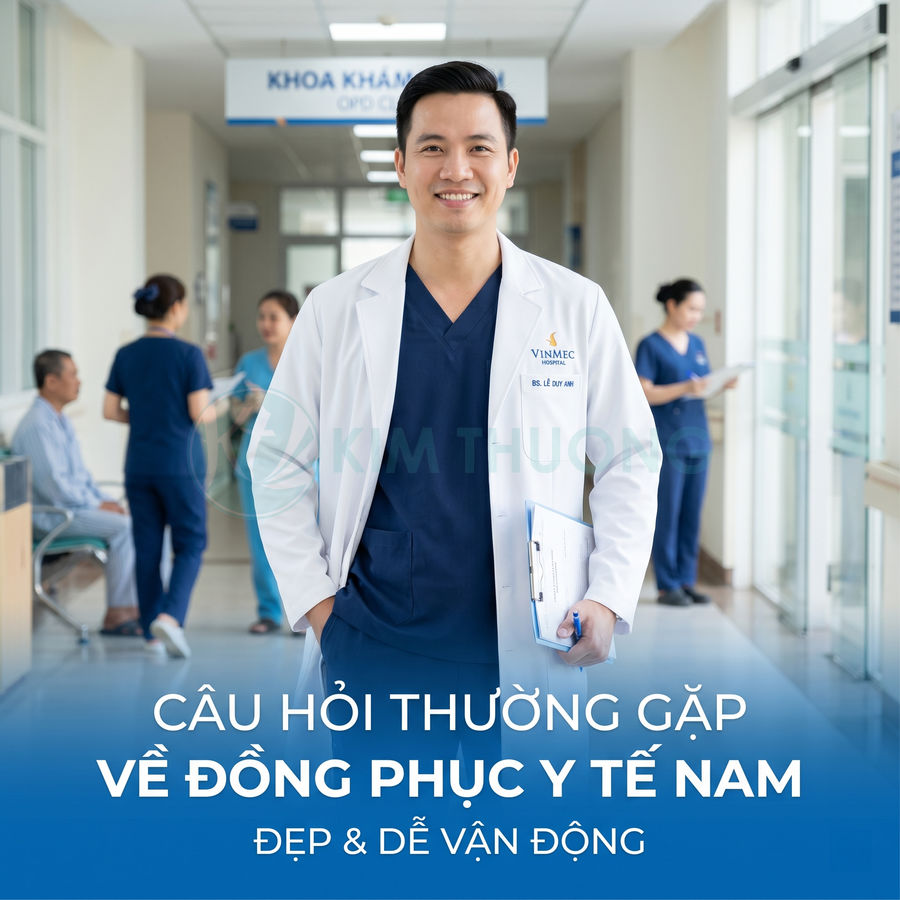 Bác sĩ nam mặc đồng phục y tế Vinmec màu xanh navy áo blouse trắng cầm hồ sơ đứng trong hành lang bệnh viện