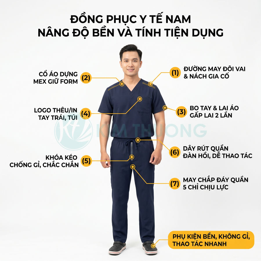 Đồng phục y tế nam màu xanh đậm tay ngắn quần dài, cổ tim, dây rút eo, may gia cố nhiều chi tiết