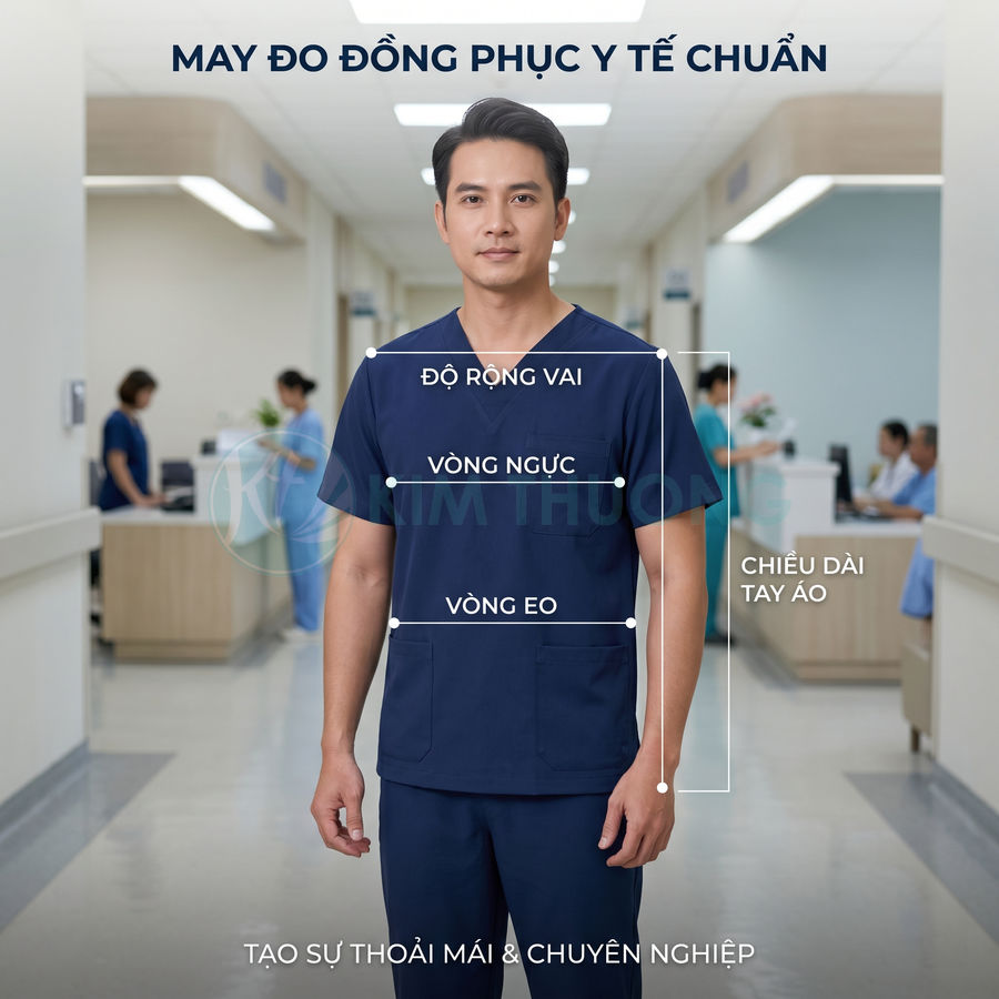 Nam nhân viên y tế mặc bộ đồng phục scrub xanh navy đứng trong hành lang bệnh viện