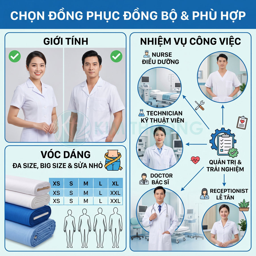 Đồng phục y tế màu trắng đa dạng size cho bác sĩ, điều dưỡng, kỹ thuật viên và lễ tân trong bệnh viện
