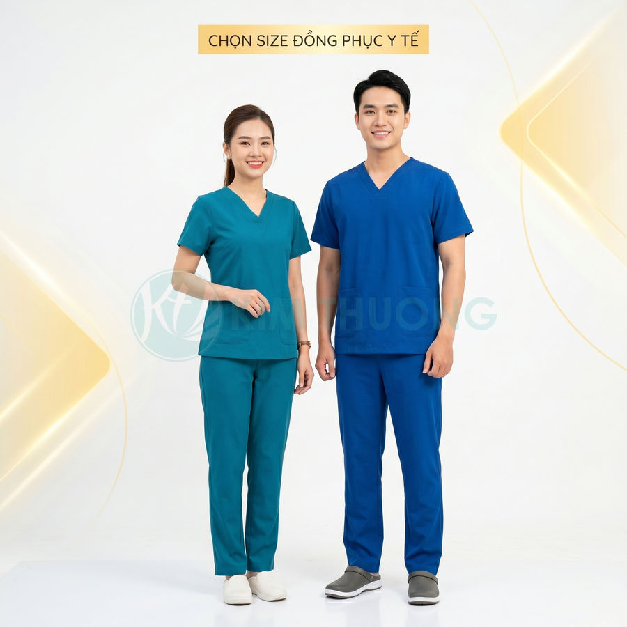 Đồng phục y tế nam nữ màu xanh cổ tim tay ngắn quần dài đứng mẫu trên nền trắng
