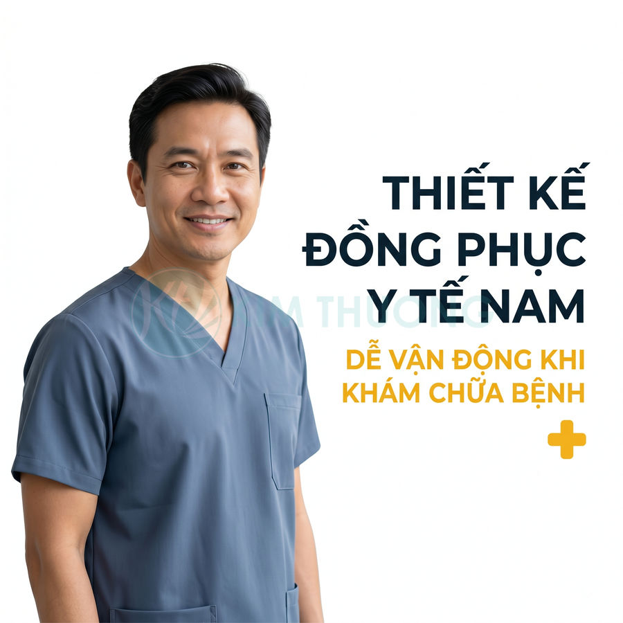 Đồng phục y tế nam màu xanh xám tay ngắn cổ tim, chất liệu thoải mái dễ vận động khi khám chữa bệnh