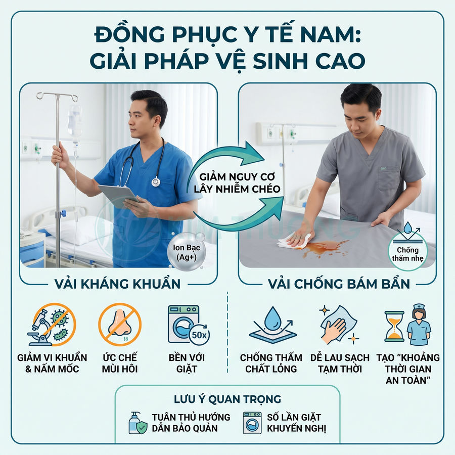 Đồng phục y tế nam vải kháng khuẩn và vải chống bám bẩn, giảm nguy cơ lây nhiễm chéo trong bệnh viện