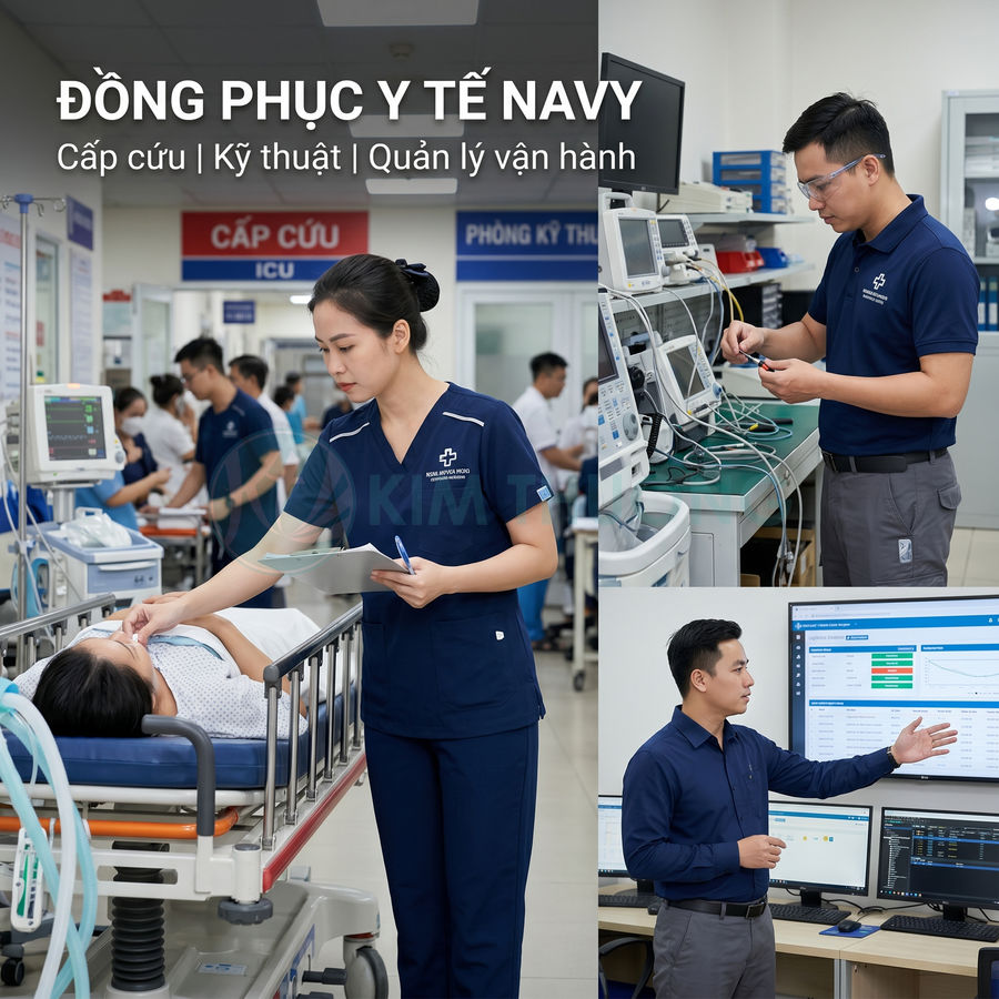 Đồng phục y tế navy cho bác sĩ và kỹ thuật viên trong bệnh viện, phù hợp cấp cứu và quản lý vận hành