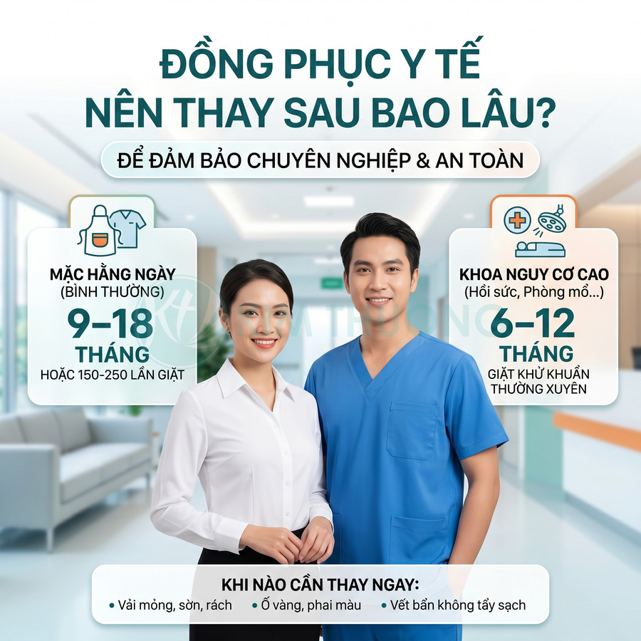 Nhân viên y tế mặc đồng phục blouse trắng và scrubs xanh đứng trong hành lang bệnh viện, tư vấn thời gian thay đồng phục
