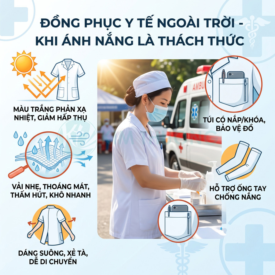 Đồng phục y tế ngoài trời màu trắng thoáng mát, nhiều túi tiện dụng, hỗ trợ ống tay chống nắng cho nhân viên y tế