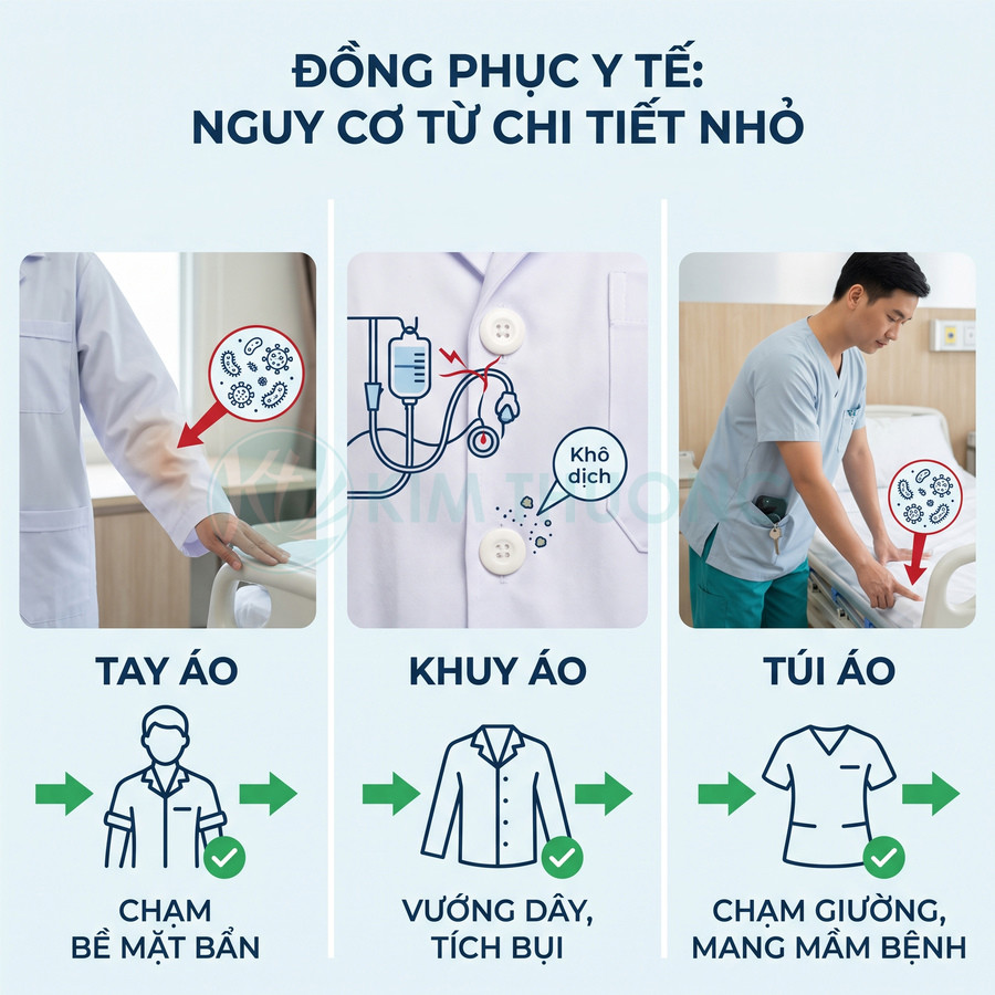 Đồng phục y tế với tay áo, khuy áo, túi áo dễ bám bẩn và mang mầm bệnh trong bệnh viện