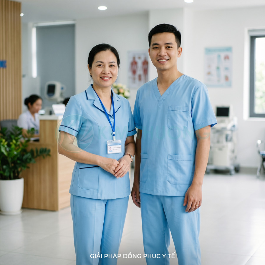 Nhân viên y tế mặc đồng phục màu xanh dương đứng trong phòng khám hiện đại