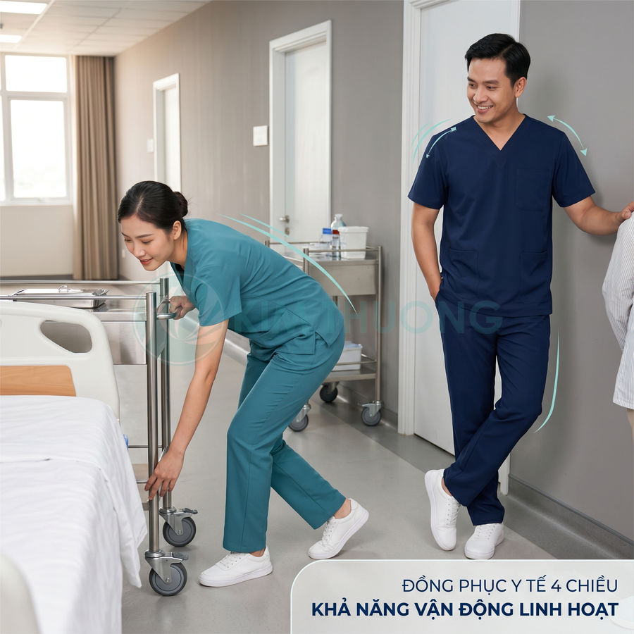 Đồng phục y tế nam nữ màu xanh chất liệu co giãn 4 chiều giúp vận động linh hoạt trong bệnh viện