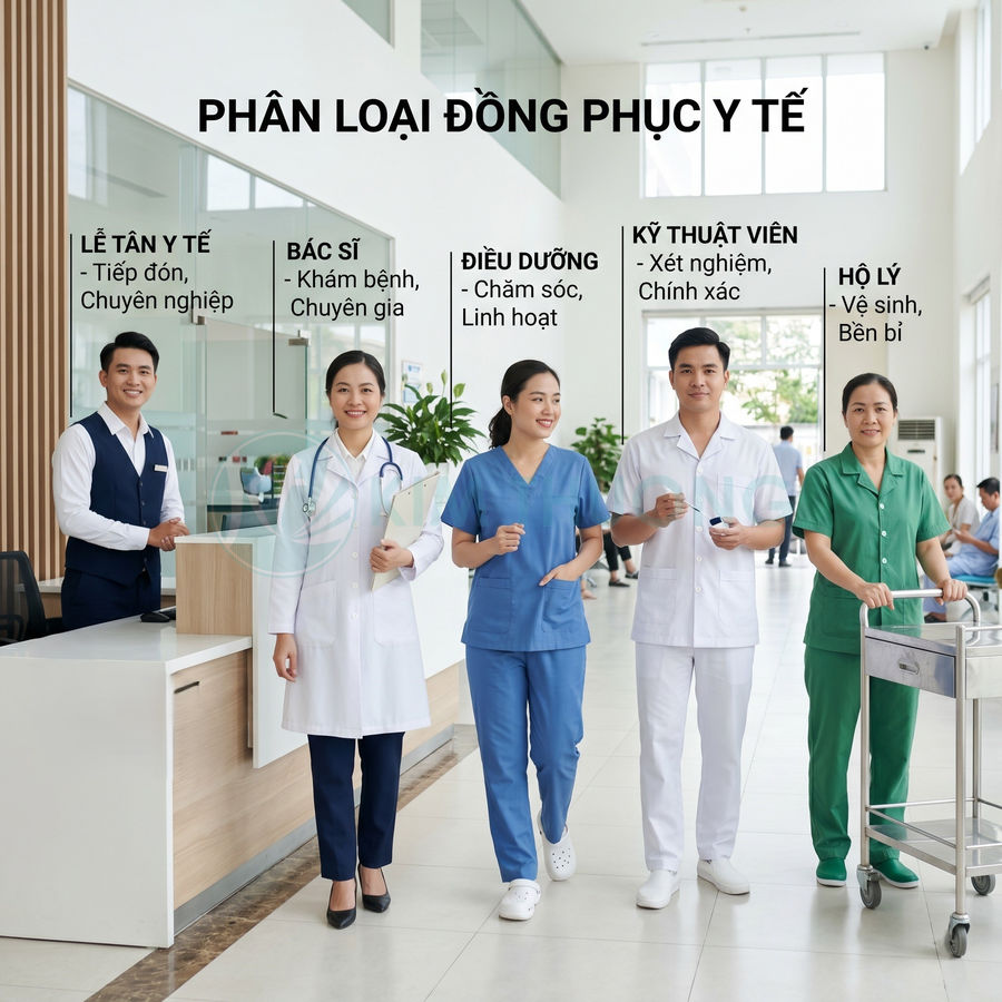Nhóm nhân viên bệnh viện mặc các loại đồng phục y tế khác nhau trong sảnh khám chữa bệnh