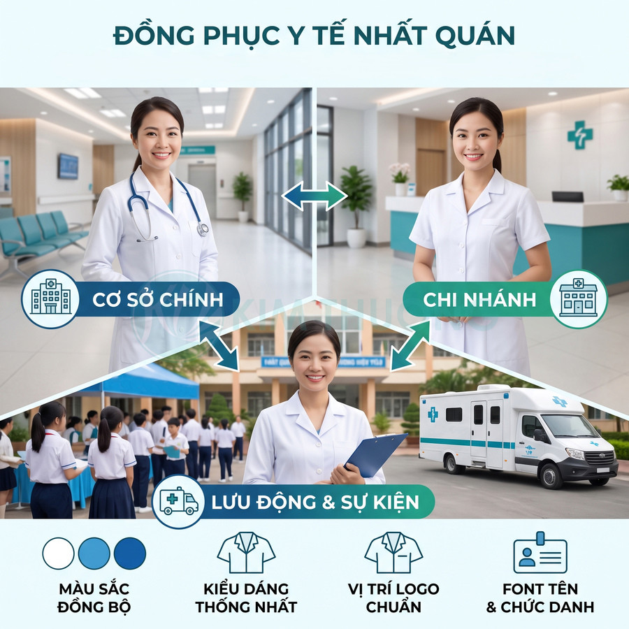 Đồng phục y tế Nhất Quán màu trắng xanh cho cơ sở chính chi nhánh và xe khám lưu động