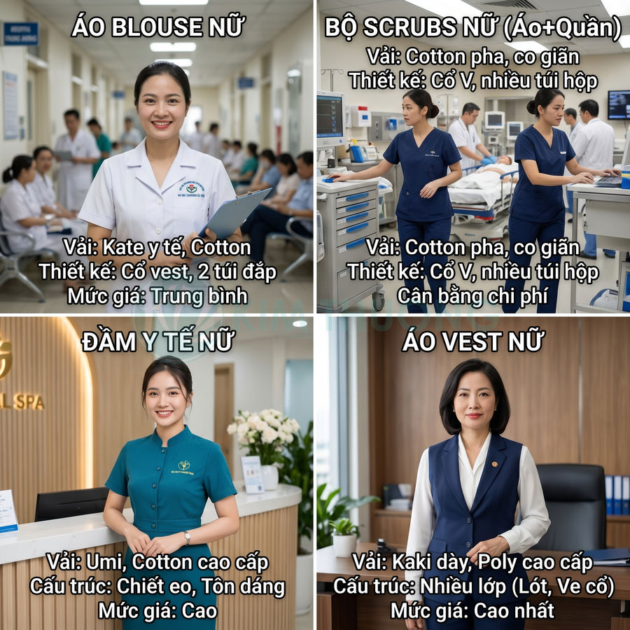 Các mẫu đồng phục nữ y tế và văn phòng gồm áo blouse, bộ scrubs, đầm y tế và áo vest cao cấp