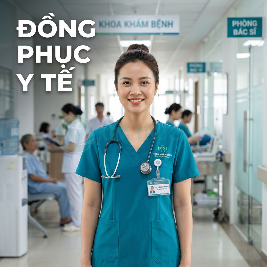 Nữ y tá mặc đồng phục y tế màu xanh cổ tim, đeo ống nghe và thẻ tên đứng trong hành lang bệnh viện