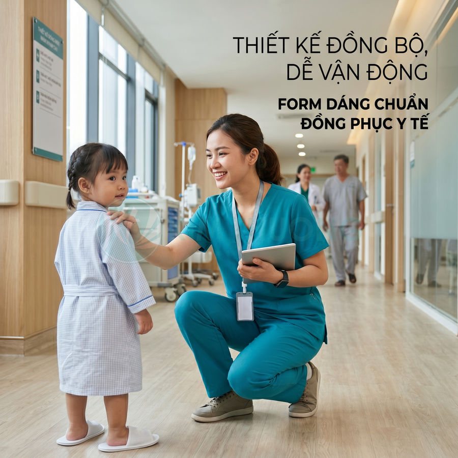 Đồng phục y tế màu xanh cho nữ điều dưỡng, thiết kế thoải mái dễ vận động trong bệnh viện