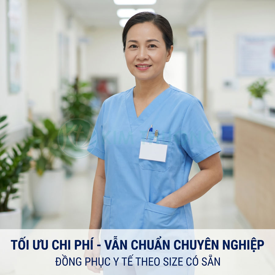 Đồng phục y tá màu xanh dương tay ngắn có túi và bảng tên trong hành lang bệnh viện