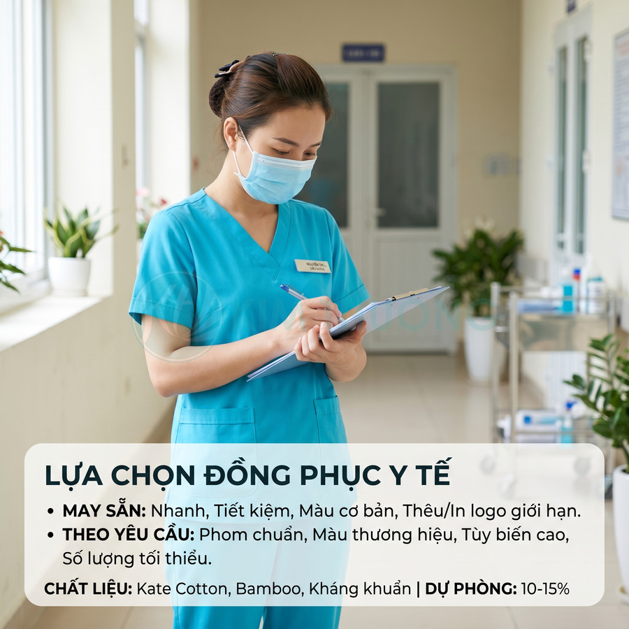 Nữ y tá mặc đồng phục y tế màu xanh dương ghi chép hồ sơ trong hành lang bệnh viện