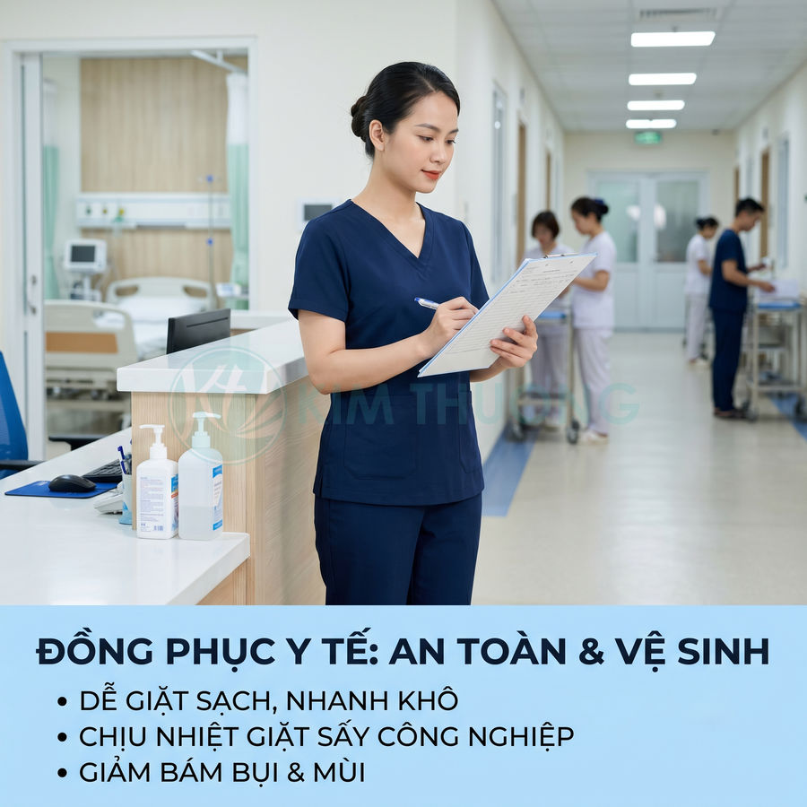 Đồng phục y tế màu xanh navy cho nữ điều dưỡng đứng ghi chép tại quầy trong bệnh viện sạch sẽ