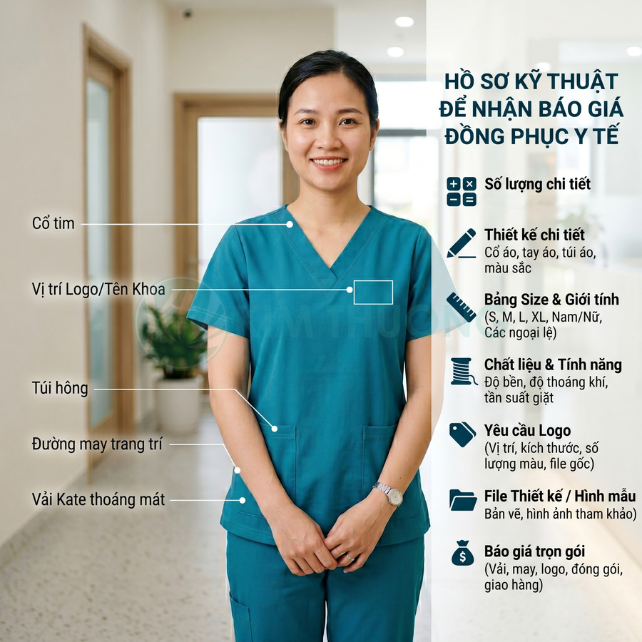 Nữ nhân viên y tế mặc đồng phục scrub màu xanh cổ tim với túi hông và vị trí in logo rõ ràng