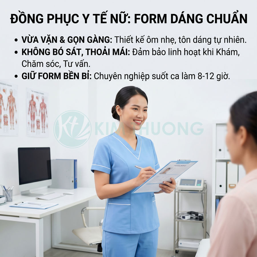 Đồng phục y tế nữ màu xanh thiết kế vừa vặn, thoải mái, nữ nhân viên y tế tư vấn bệnh nhân trong phòng khám