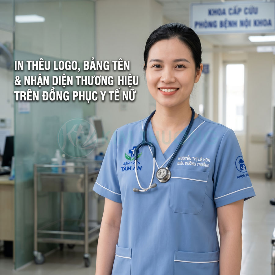 Đồng phục y tế nữ màu xanh in thêu logo bệnh viện, bảng tên và nhận diện thương hiệu rõ ràng