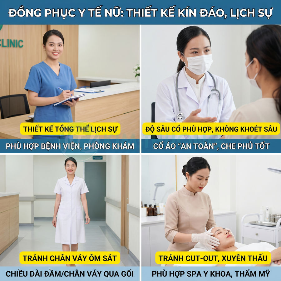 Đồng phục y tế nữ kín đáo lịch sự cho bệnh viện phòng khám và spa, thiết kế cổ áo an toàn, váy dài qua gối