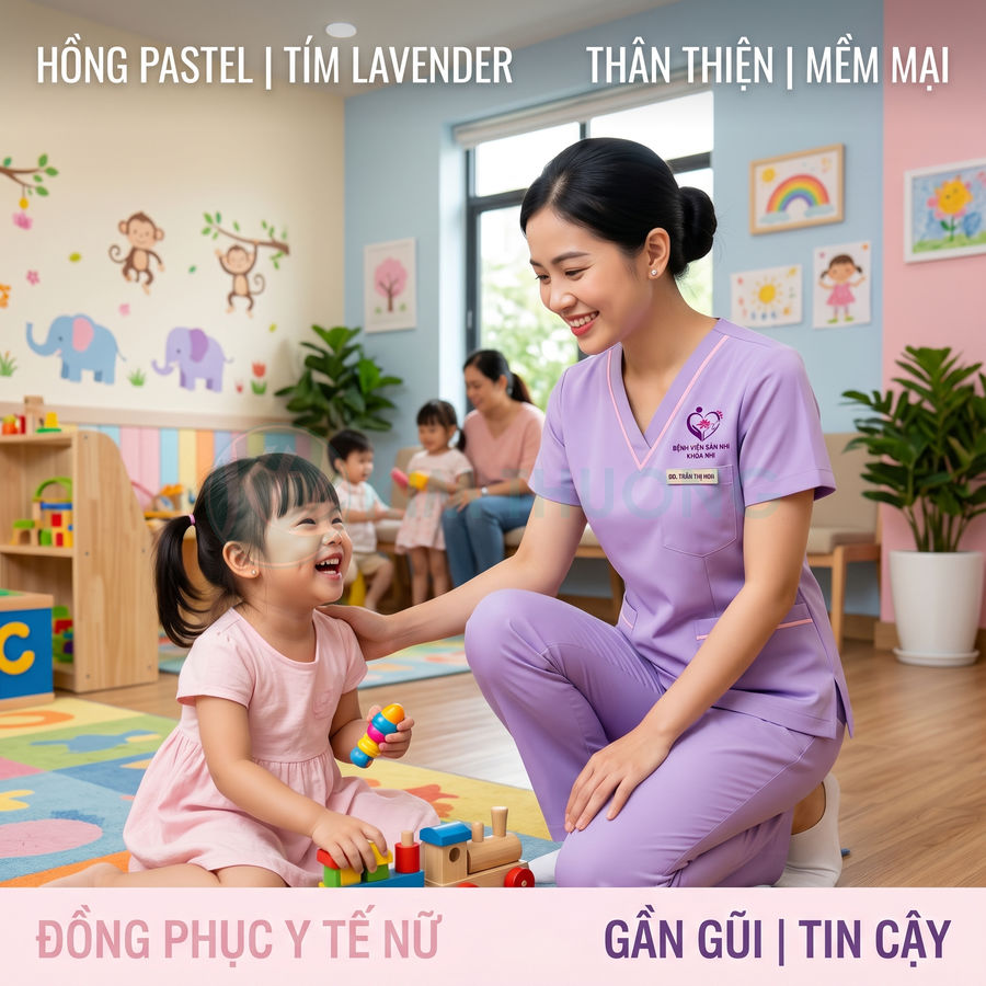 Đồng phục y tế nữ màu tím lavender thiết kế tay ngắn cổ tim, chất liệu mềm mại thân thiện trong phòng chơi trẻ em