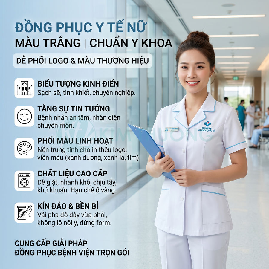 Đồng phục y tế nữ màu trắng chuẩn y khoa, thiết kế kín đáo, chất liệu cao cấp, phối viền xanh và thêu logo bệnh viện
