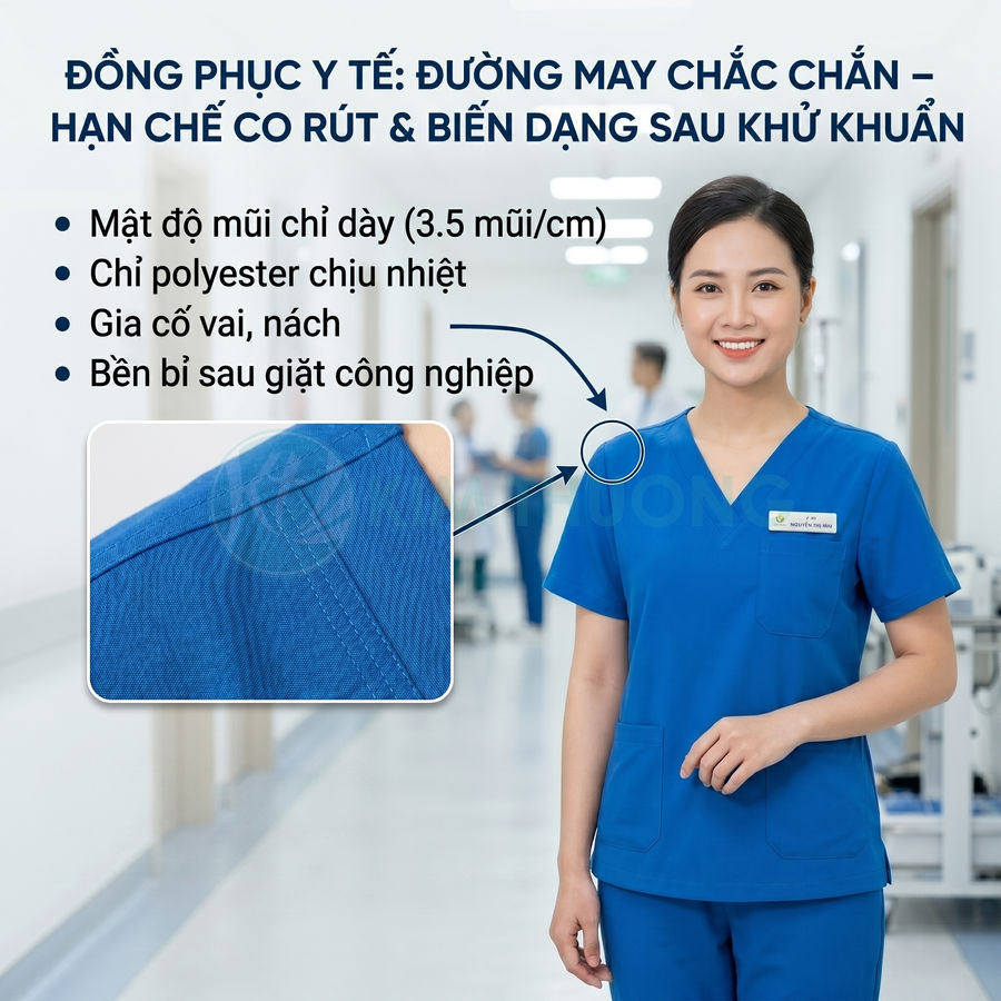 Đồng phục y tế màu xanh dương cho nữ, chất liệu polyester, đường may chắc chắn hạn chế co rút sau khử khuẩn