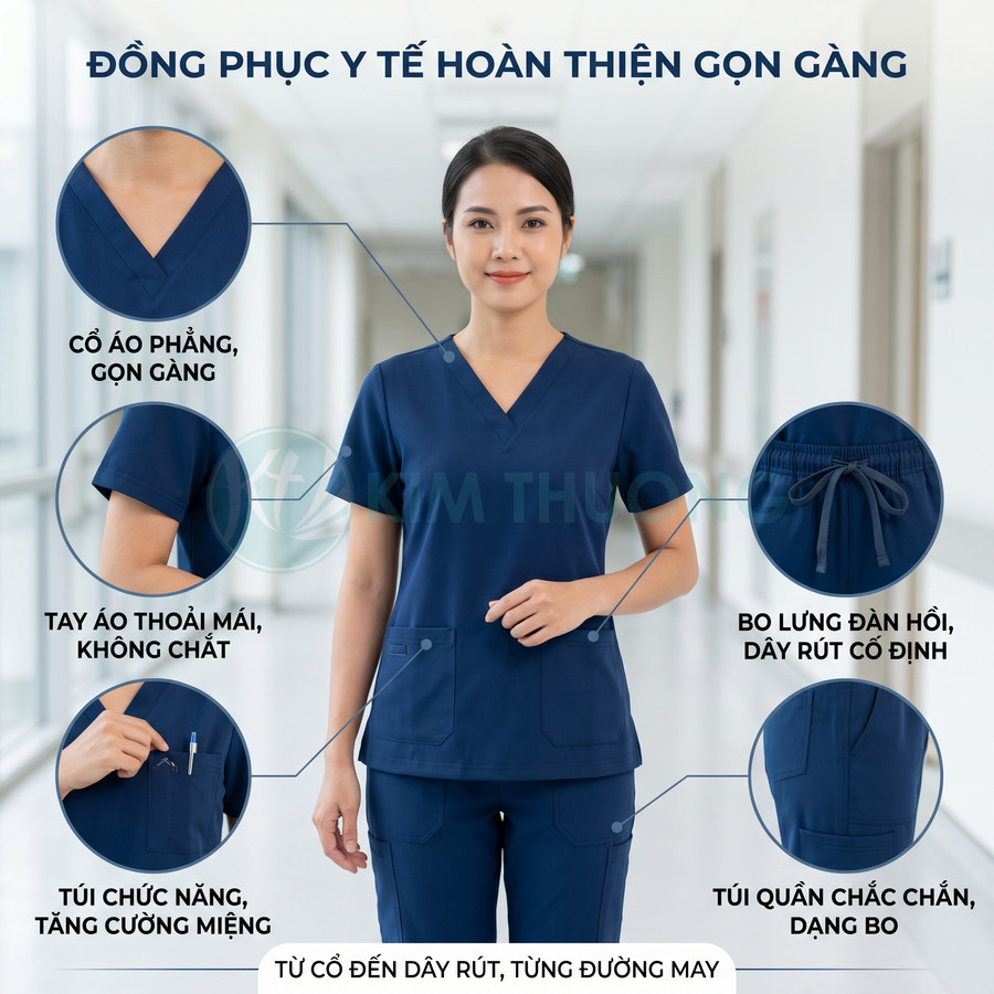 Đồng phục y tá màu xanh navy cổ tim tay ngắn, quần bo lưng dây rút, nhiều túi tiện dụng trong bệnh viện