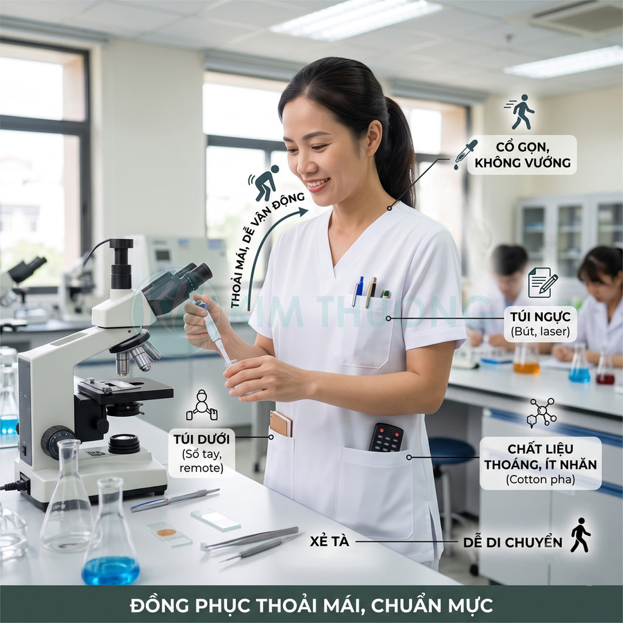 Đồng phục phòng thí nghiệm nữ màu trắng cổ tim, nhiều túi tiện dụng, chất liệu thoáng mát cho kỹ thuật viên khoa học
