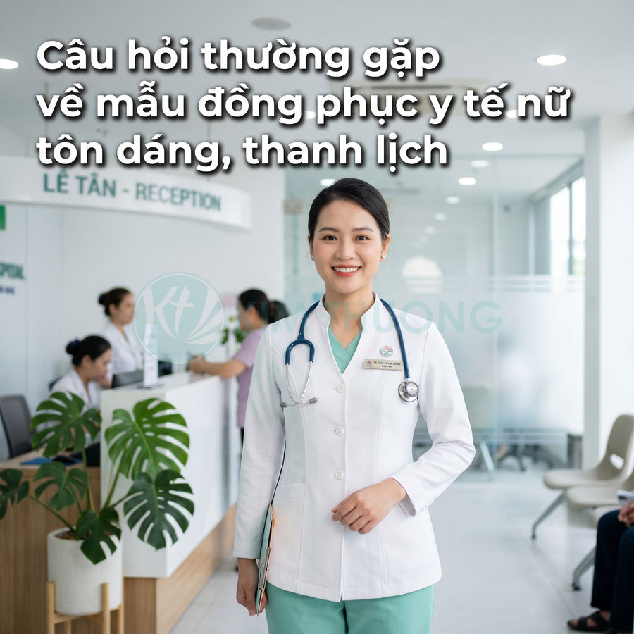 Nữ bác sĩ mặc đồng phục y tế trắng xanh tôn dáng, đeo ống nghe, đứng tại quầy lễ tân phòng khám