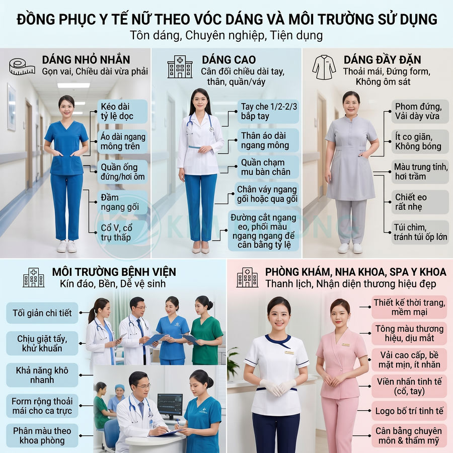 Đồng phục y tế nữ đa dạng kiểu dáng cho vóc dáng khác nhau, phù hợp bệnh viện, phòng khám, nha khoa, spa y khoa