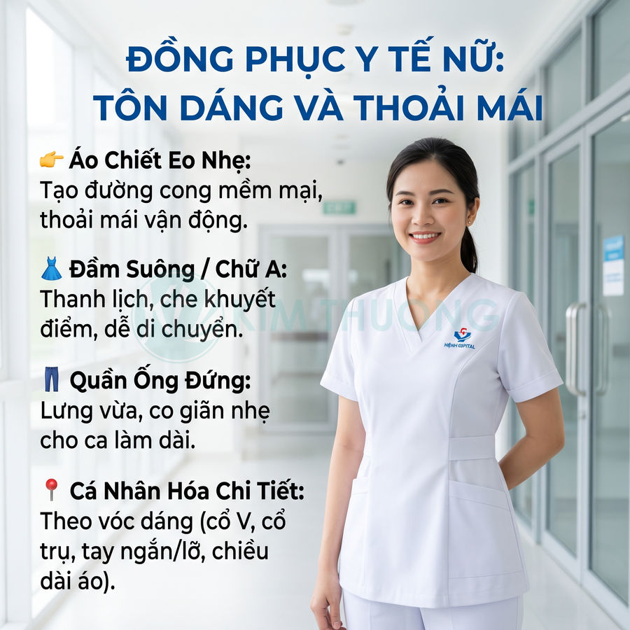 Nữ y tá mặc đồng phục y tế trắng tôn dáng, đứng mỉm cười trong hành lang bệnh viện