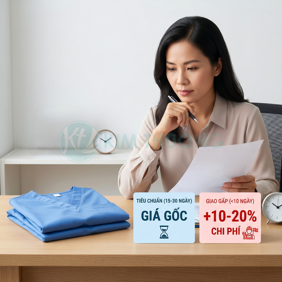 Đồng phục y tế màu xanh gấp gọn trên bàn, bên cạnh bảng giá thời gian may tiêu chuẩn và giao gấp